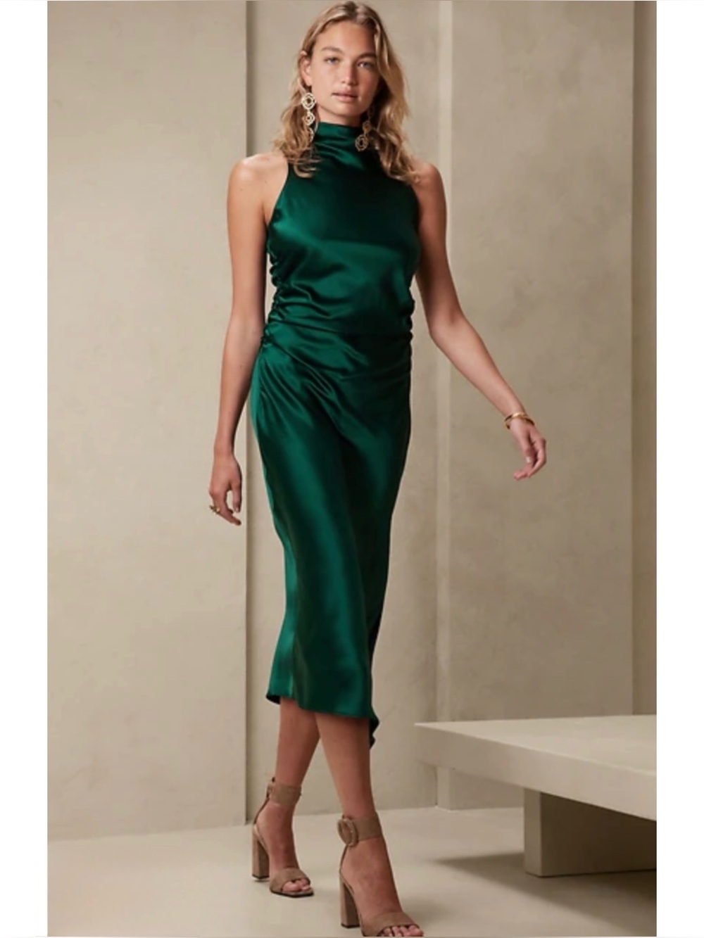 BANANA REPUBLIC | NEW Eclipse Silk Midi Dress in Forest Emerald Green, Size XS